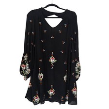 Free People Embroidered Dress Oxford Black Open Back Floral Flowy Swing sz L