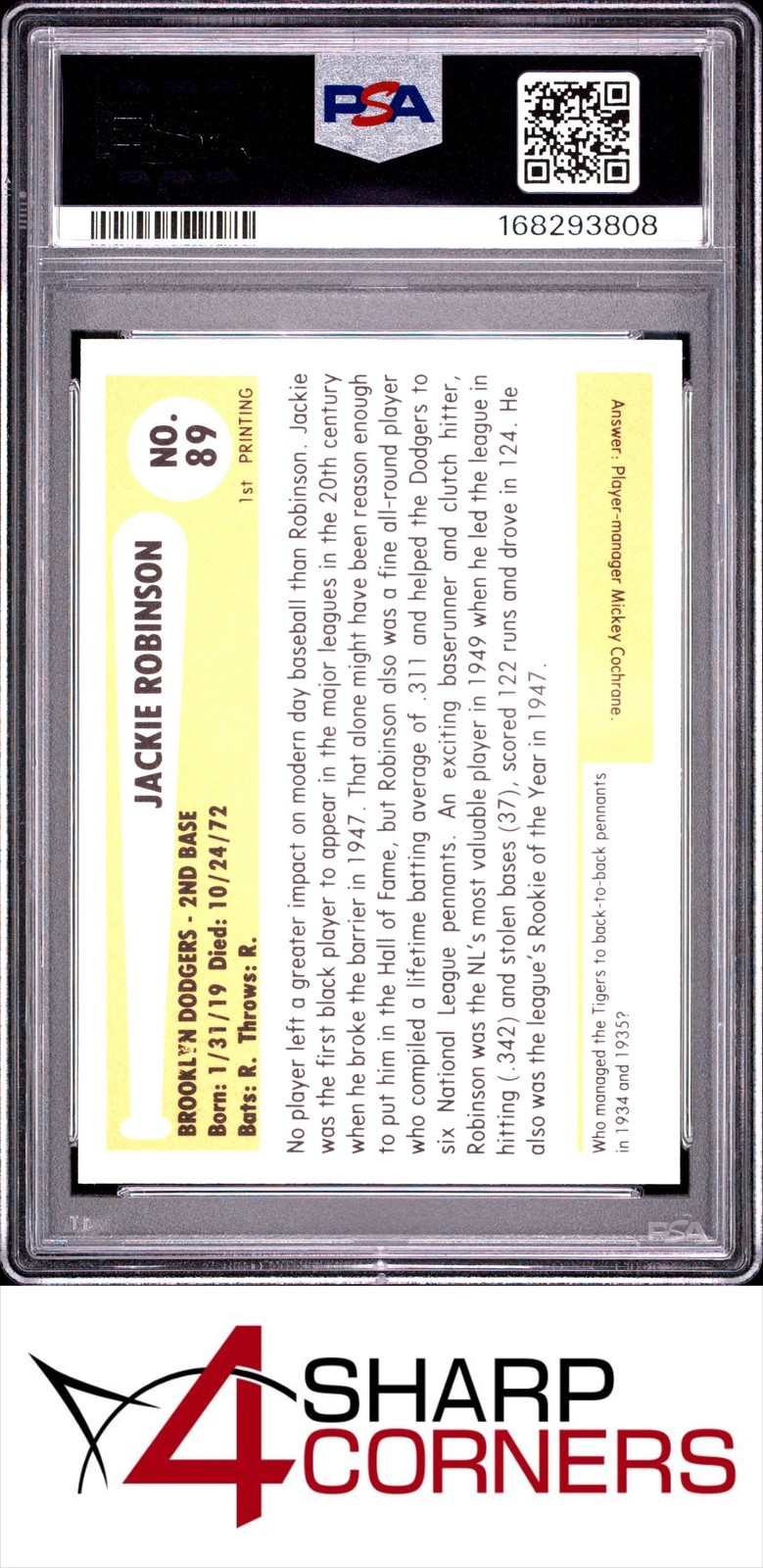 1980 BASEBALL IMMORTALS #89 JACKIE ROBINSON HOF PSA 9 view 2