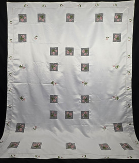 White Floral Tablecloth Pink Flower Inserts 88" x 70" Vintage
