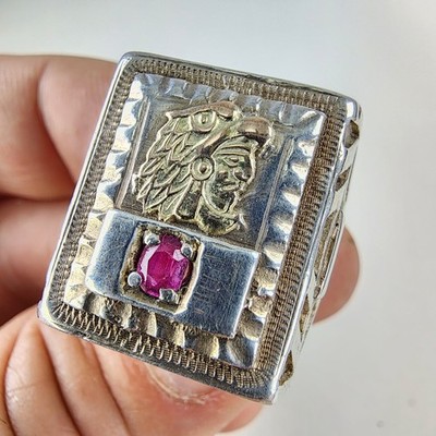 10K Gold Rubin Maya Krieger Mexikaner Biker Ring Größe 11 Sterlingsilber 925