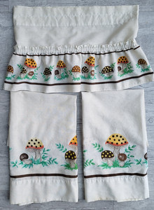 Vintage 70's SEARS Merry Mushrooms 2 Curtain + 1 Valance Kitchen Set Rod Pocket