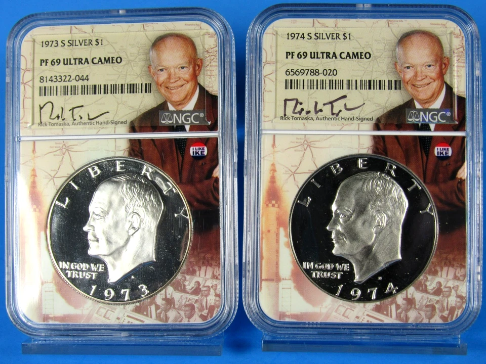 1973 & 1974 S  2-Coin Set, Silver Eisenhower Dollars NGC Pf 69 UCAM Tomaska Sig. - Image 2 of 4