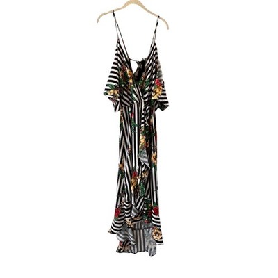 Flying Tomato Stripe Floral Wrap Maxi Dress Womens Size S Black Boho Tropical