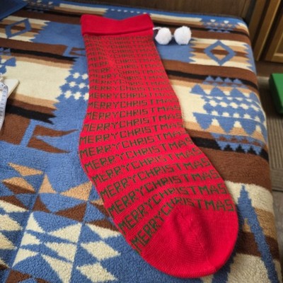Vintage 1980s Knit Jumbo Christmas Stocking Red 35 in ''Merry Christmas'' w/ Poms