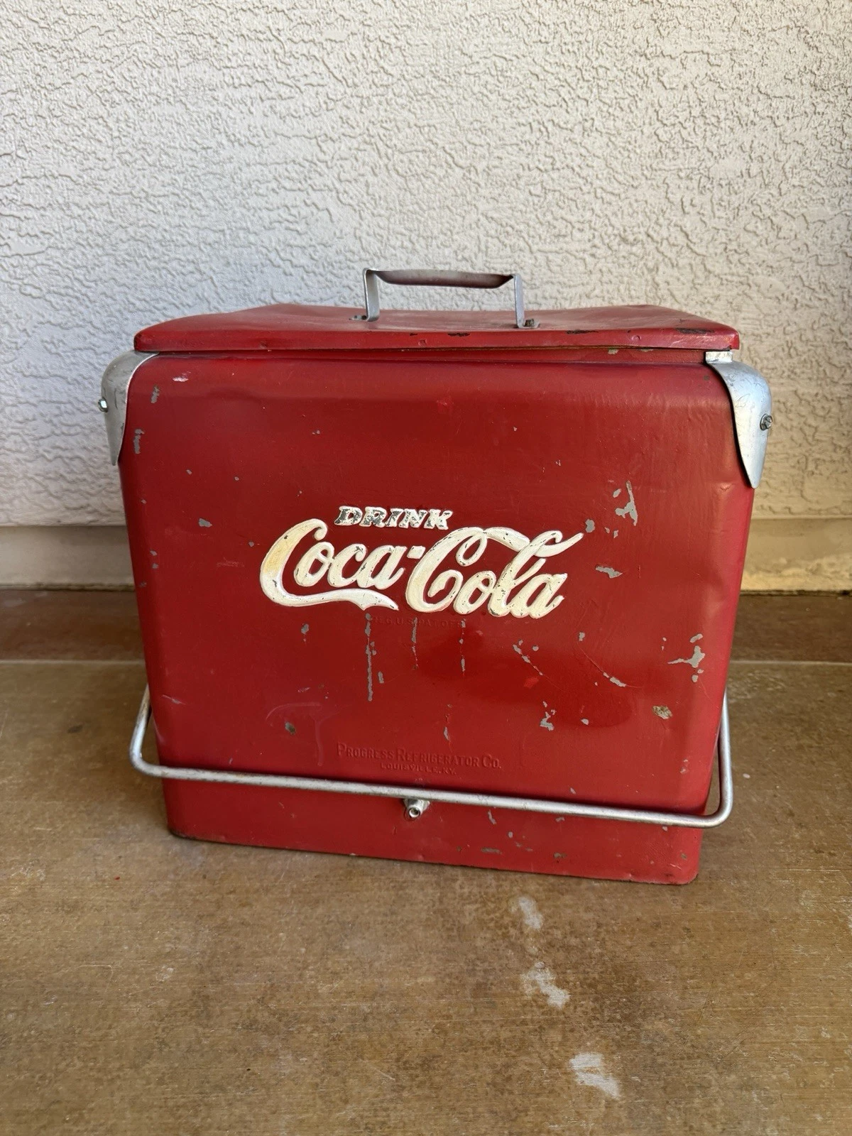 Vintage 50s Coca Cola Metal Picnic Cooler W/ Tray Progress Refrigerator USA