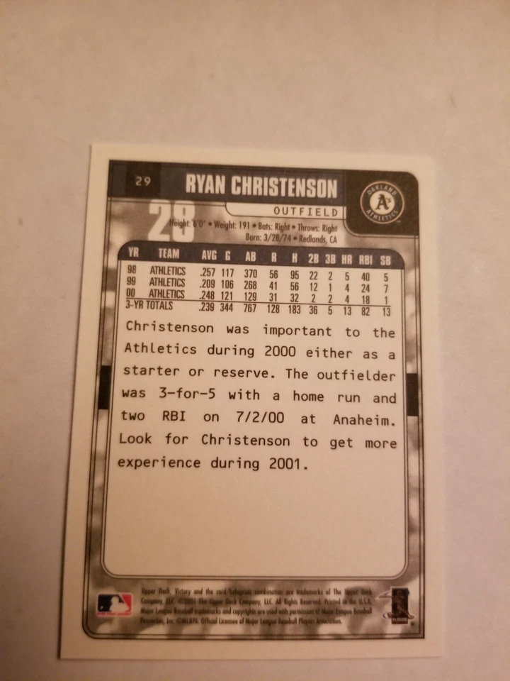 VINTAGE 2001 Upper Deck VICTORY Ryan Christenson ATHLETICS #29 /w Free Sleeve - Image 2 of 2