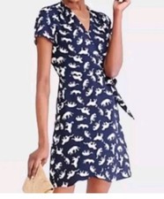 J Crew Womens Navy Blue Leopard Cat Print Short Sleeve A LINE Tie Wrap Dress...