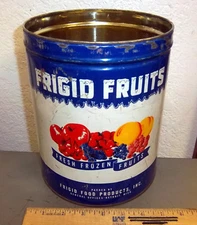 vintage Frigid Fruits 10 pound tin, large colorful graphic, Detroit Michigan