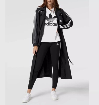 Adidas Schwarz Trenchcoat Mac Regen Maxi Long Jacke mit Gürtel Uk 12 - 14 M Selten