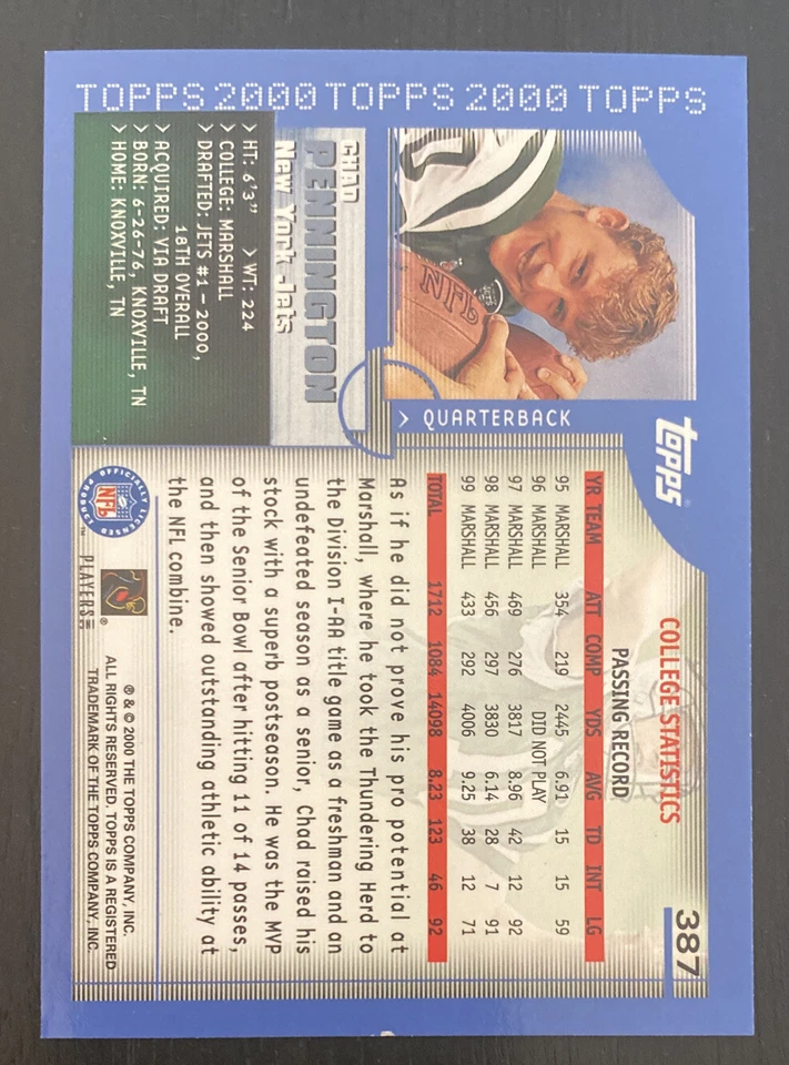 2000 Topps Chad Pennington RC #387 - Image 2 of 2