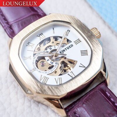 40mm Automatic Retro Skeleton Mechanical Watch Gold White Dial Purple Leather