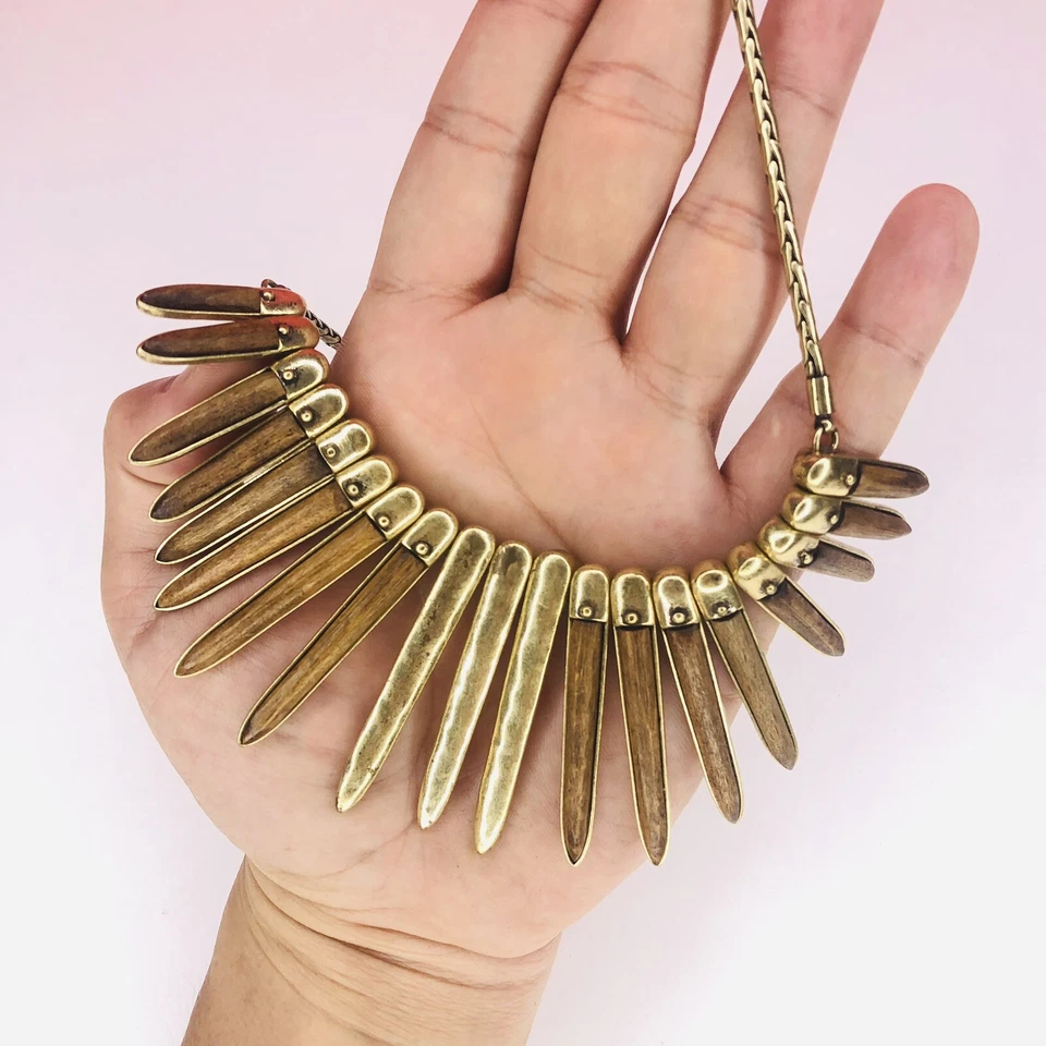 Collar LUCKY BRAND Latón Martillado y Madera 18" Tribal "Boho" Daga Oro Foto 2 de 4