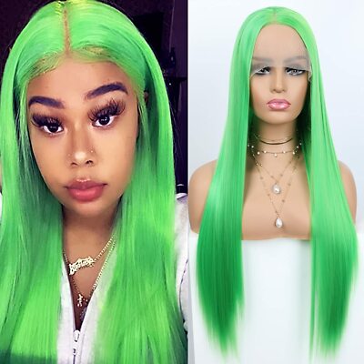 Green Lace Front Wigs Long Straight Synthetic For Women Party Wig