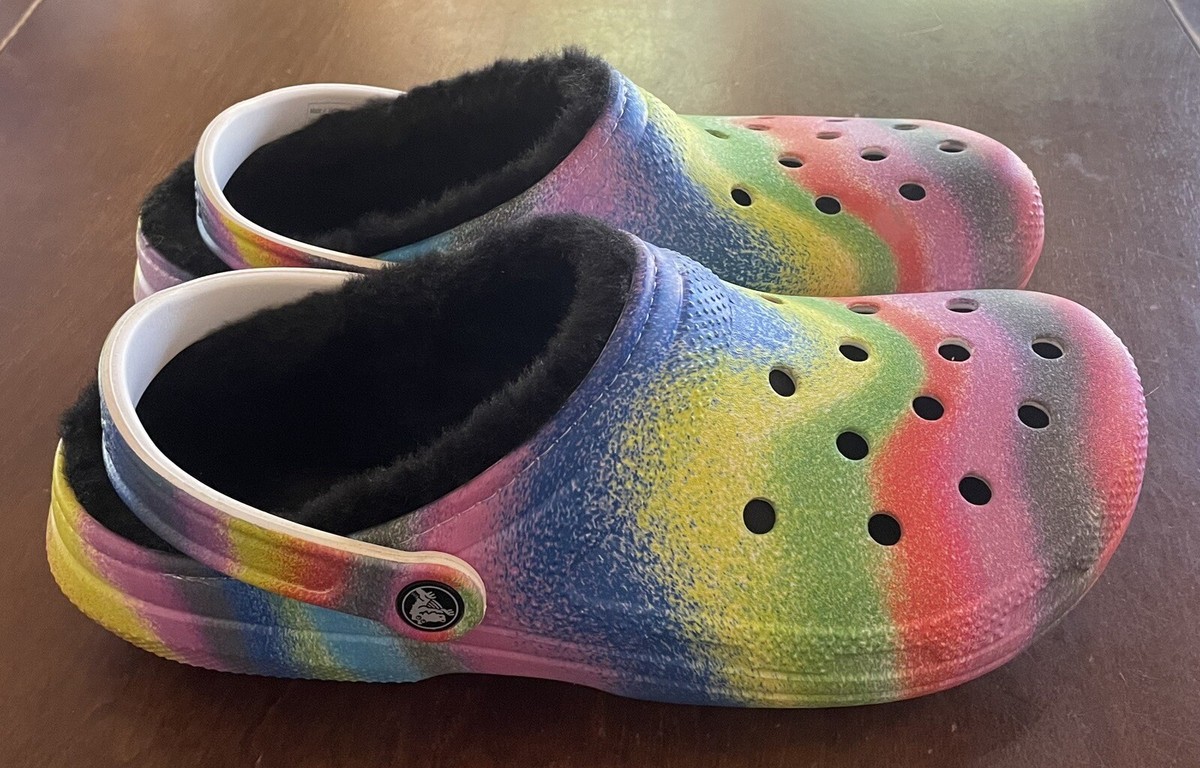 CROCS Classic RAINBOW Graffiti BLACK FUR LINED Clogs MEN'S 10