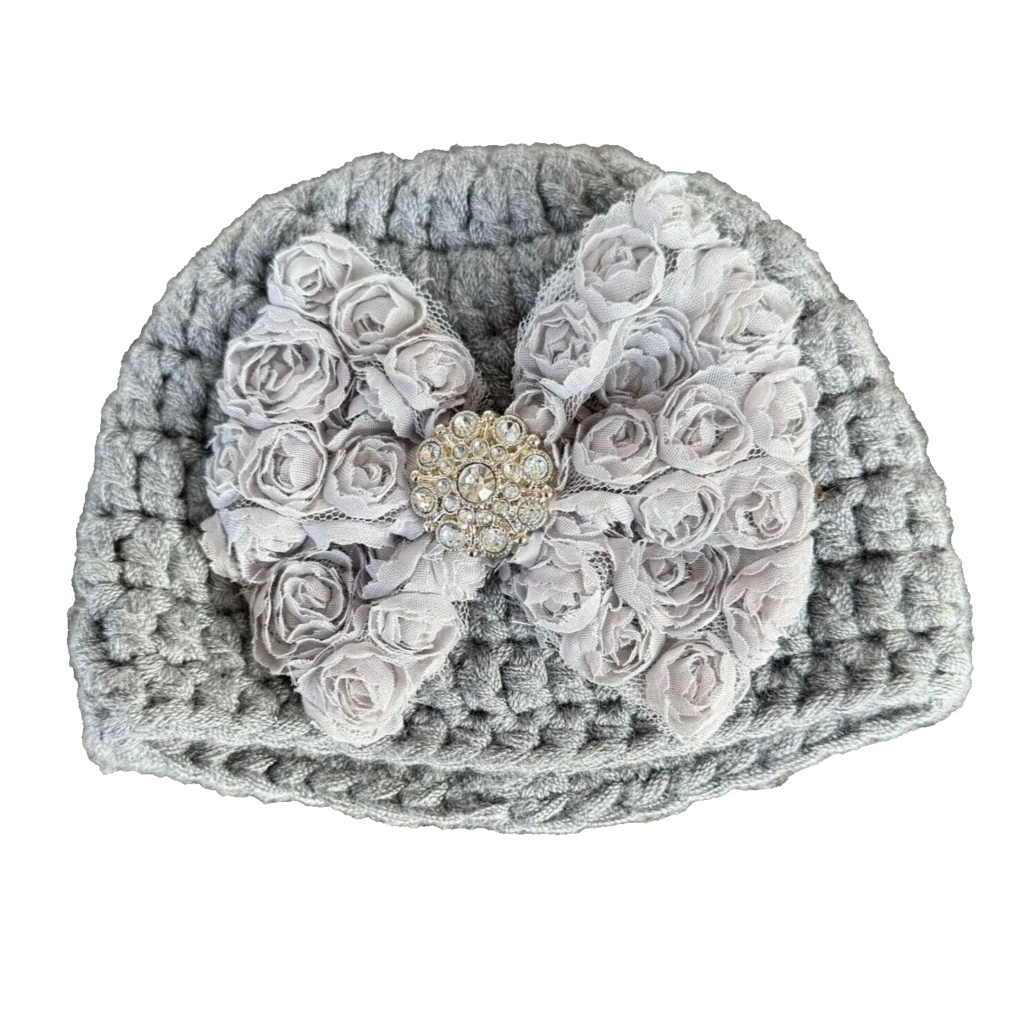 Handcrafted Gray Crochet Baby Beanie With Rosettes Bow and Rhinestone Center Hat