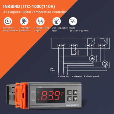 Inkbird Temperature Controller 110V 2 Relays Alarm Digital Thermostat NTC Sensor