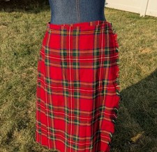 St. Michael Red Tartan Plaid Kilt Wrap Skirt Wool Blend Unisex Made In UK