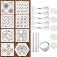 24 Pcs 4.7X4.7 Inch Plastic Sashiko Stencil Kit with Thimble and Needles