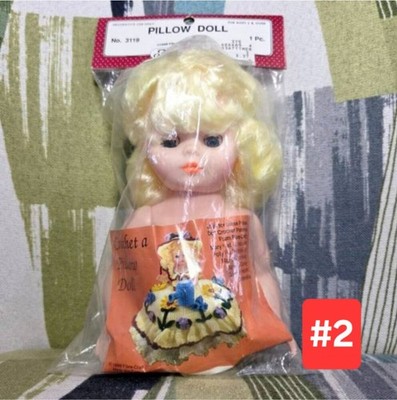 Vtg Fibre Craft Doll Pillow Doll 8'' Yellow Blonde Hair Blue Eyes Crochet Doll