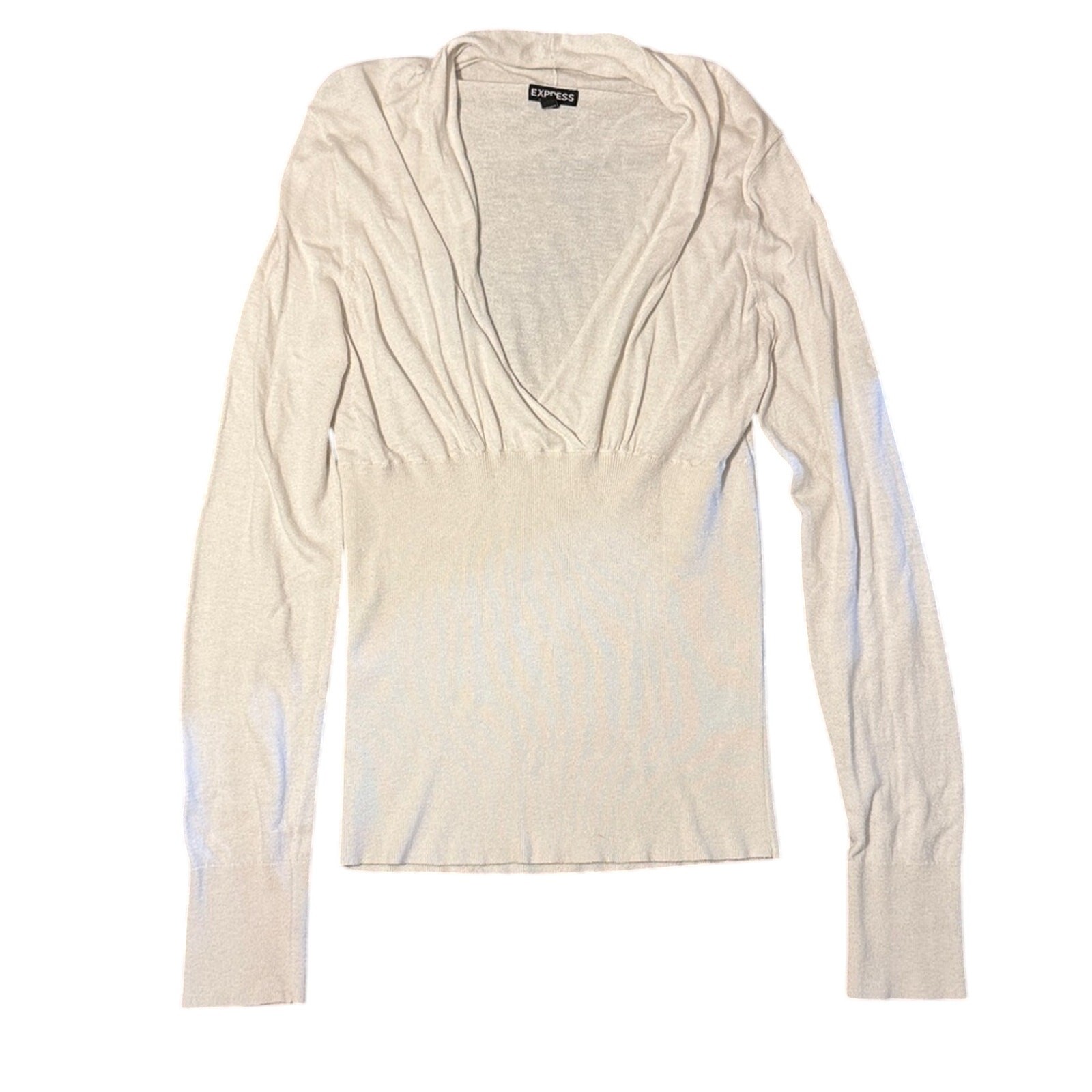 Express Cream Long Sleeve Deep V-neck Draped Neckline Sweater Size Large