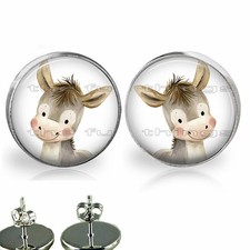 Watercolor Art Print Farm Animals Donkey Girls Stud Earrings Fashion Jewelry