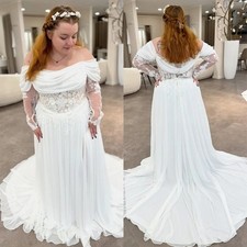 Vindal Elegant Off-Shoulder Chiffon A-Line Wedding Dress Long Sleeves Slit Lace