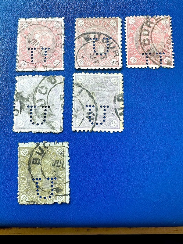 Romania 1891 Beautiful Lot of  6 Perfins:  Scott #101, 102 and 105 
