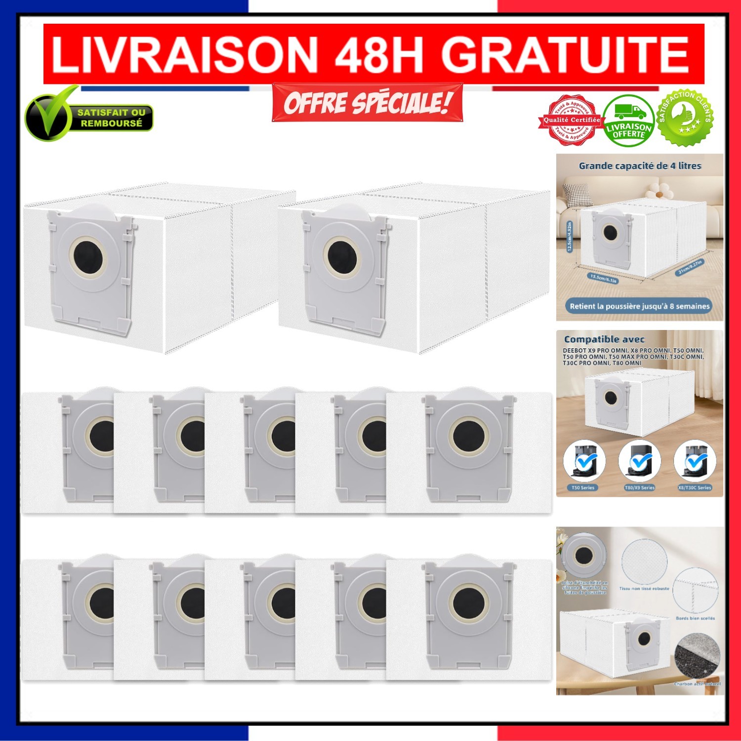 Sacs aspirateur Ecovacs anti odeur et antibactérien contre la poussière lot de 12