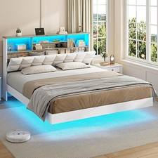 Marco de cama flotante tamaño F/Q con cabecero y almacenamiento, plataforma cama tapizada