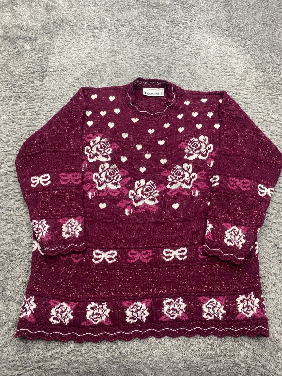 Vtg Trimmings Sweater Women 22W Floral Lurex Metallic Heart Valentines Day Cupid