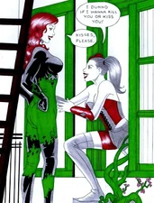 POISON IVY & HARLEY QUINN KISSES PLEASE ORIGINAL COMIC ART ON CARD STOCK
