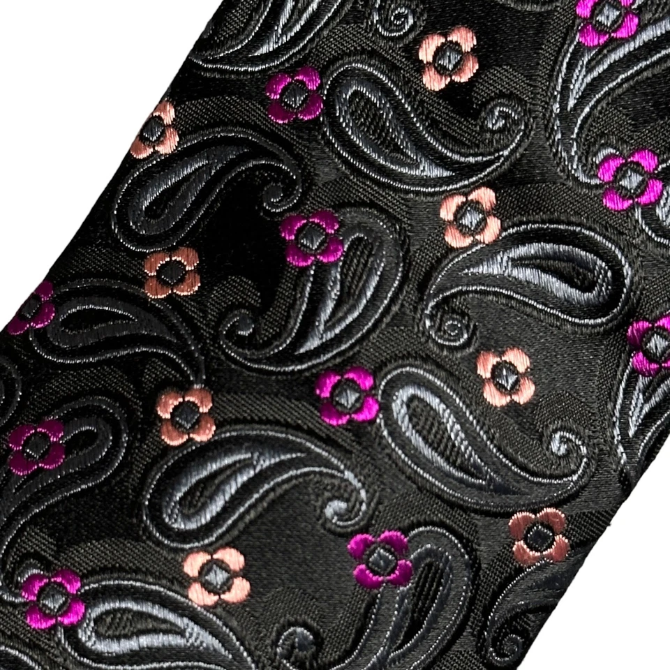 Corbata para hombre Jhane Barnes 100 % seda negra cachemira rosa estampado floral corbata Foto 2 de 4