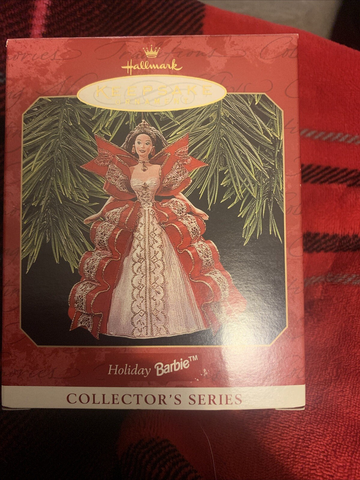 1997 Holiday Barbie Hallmark Keepsake Ornament Red Ribbon Dress 5th in Series