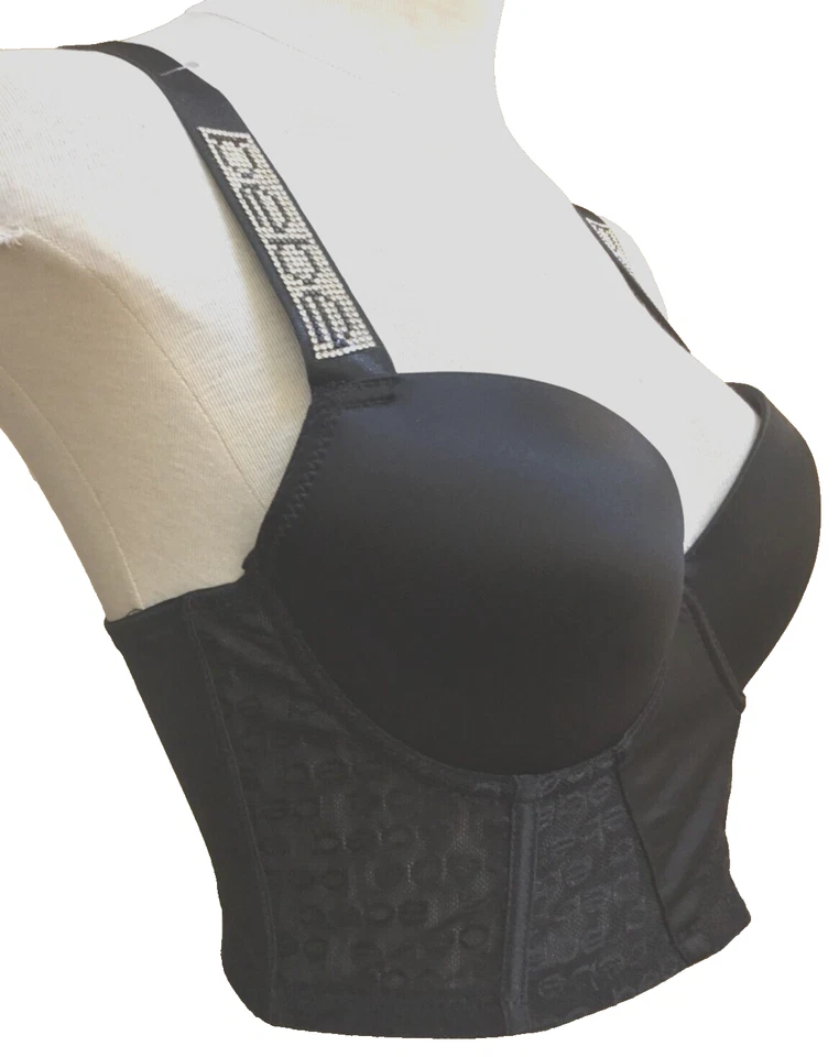 BEBE Bustier Crop Top Tank Bra Push Up Stones Corset Lace Logo Stretchy Blk 38C - Image 2 of 4