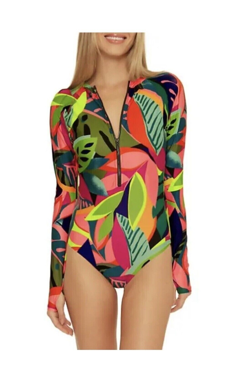 TRINA TURK RAINFOREST OPEN BACK PADDLE SUIT SWIMSUIT RASH GUARD L