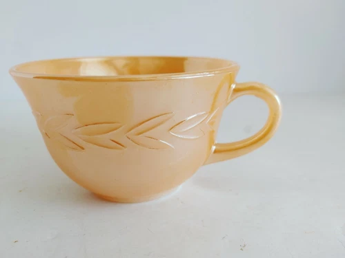 Vintage Fire King Oven Ware Coffee Tea Cup Peach Lustre w Band of Leaves  #15199