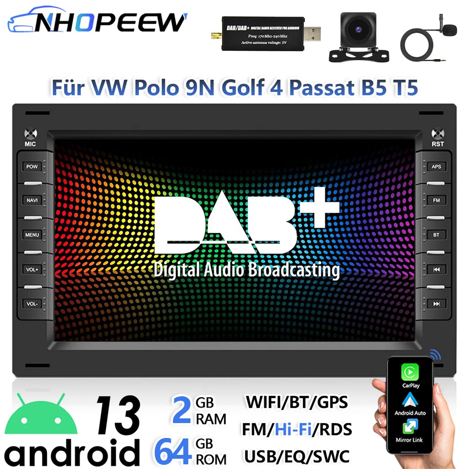 DAB+ CarPlay Android Autoradio Für VW Polo 9N Golf 4 Passat B5 T5 GPS Navi WIFI