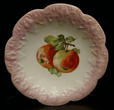 Vintage MCM Embossed Shallow Bowl Pink Rim And Apples 9” Heavy China PORCELAIN?