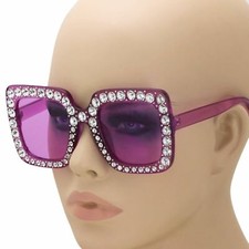 OVERSIZE VINTAGE RETRO Style SUNGLASSES Square Bling Rhinestone Purple Frame NEW