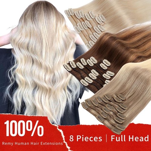 CLEARANCE 100% Human Hair Clip in Remy Hair Extensions Full Head 8PCS Blonde