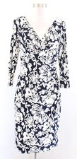 Lauren Ralph Lauren Navy Blue White Tan Floral Ruched Wiggle Sheath Dress Size 2