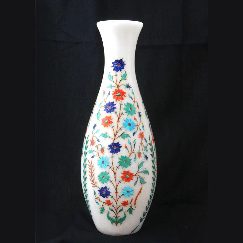 9 " Bianco Marmo Fiore Vaso Pietre Intarsio a Mano Lavoro da Collezione E Regali