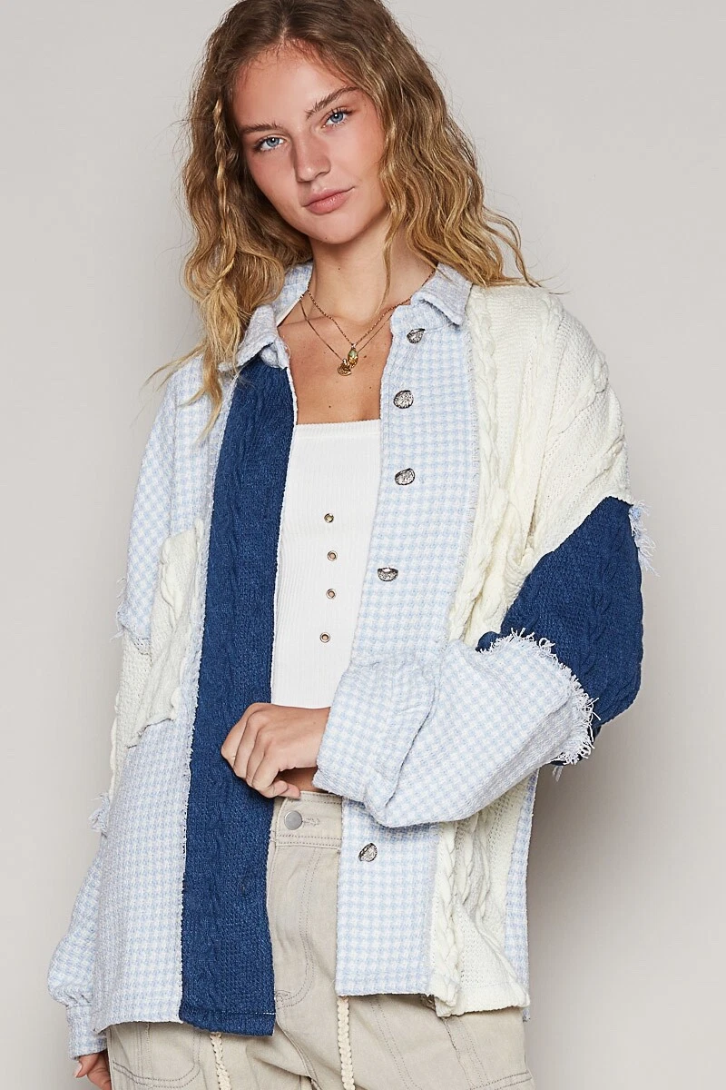 POL Clothing Cable Knit Textured Oversized Button Front Jacket