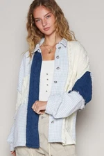 POL Clothing Women's Cable Knit Textured Oversized Shacket Jacket in Blue/Cream