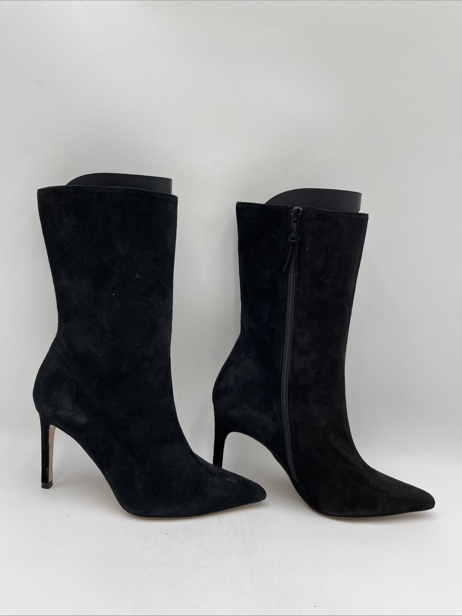 Alexandre Birman Black Suede Pointed Toe Side Zip High Heel Mid Calf Boots 
