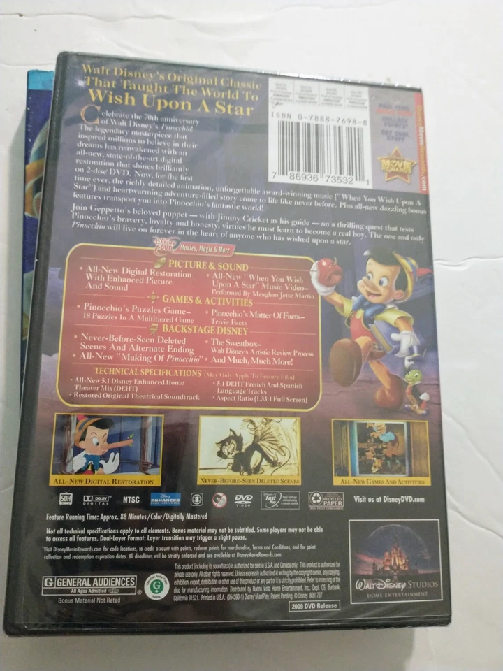 Pinocchio (DVD, 2009 2-Disc Set 70th Anniversary Platinum Ed) -New + Slip Cover  - Image 4 of 4