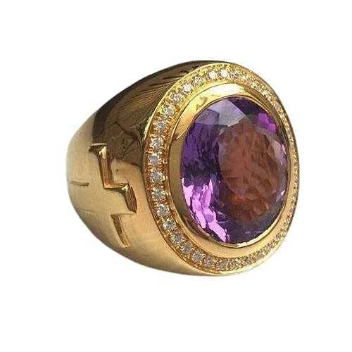 Huge Natural Amethyst 925 Silver 14K Yellow Gold Bishop Ring Christian Costume - Image 3 of 4