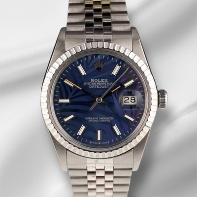 Rolex 36mm Datejust Stahl Engine-Turned Jubilee Dunkelblau Palm Muster Uhr 16030