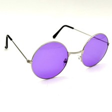 Fashion Round Sunglasses Silver Metal Frame  Purple Lenses Festival Style Retro