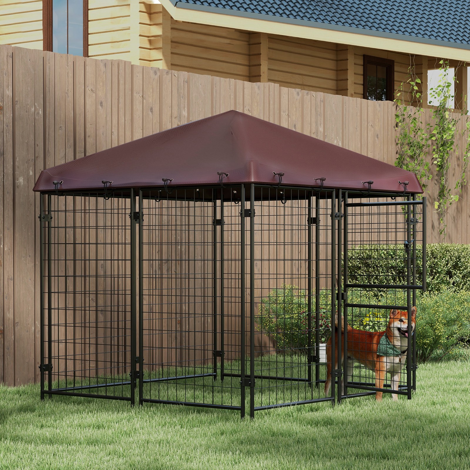 4.6' x 4.6' x 5' Dog Kennel Outdoor with Waterproof Canopy, 